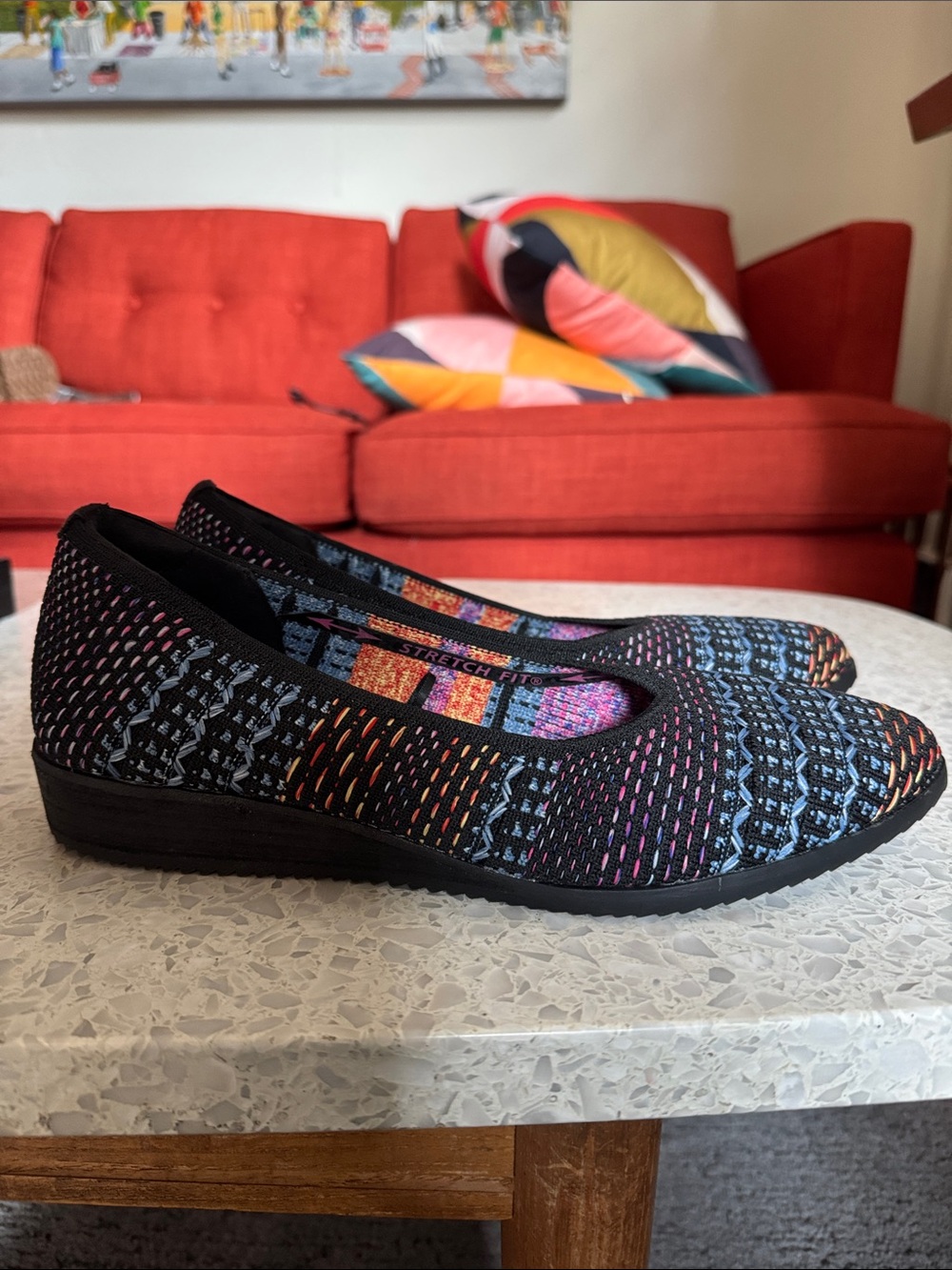 Skecher’s Women’s Black Multicolor Knit Slip-On Comfort Flats